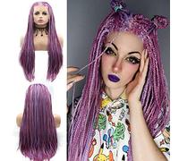 Pelucas moradas micro trenzadas para mujeres negras, hechas a mano, sin nudos, peluca larga con reflejos lila, realista, encaje frontal, sin pegamento, sintético, resistente al calor, maquillaje