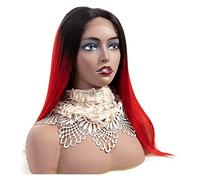 Pelucas Muje Peluca de reemplazo de cabello, pelucas delanteras de encaje rojo brillante cabello humano, peluca recta larga roja Ombre con raíces negras Peluca Pelo Natural