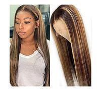 Pelucas Muje Peluca Delantera De Encaje Ombre Rubio Transparente, Pelucas Rubias Mezcladas Marrón Rectas Largas Sintéticas Peluca Pelo Natural