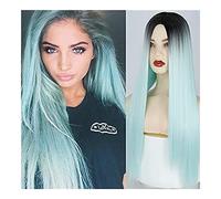 Pelucas Muje Pelucas largas de color azul claro Ombre para mujer, pelucas largas rectas de color verde menta con encaje sintético frontal Peluca Pelo Natural