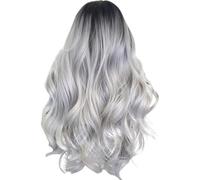 Pelucas Mujer, 65 cm Pelucas Mujer Pelo Natural, Sintética Ombre Color Gris Plateado, Peluca Ondulado de Aspecto Natural, Wig para Juegos de Rol Fiestas Diario