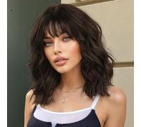 Pelucas mujer corta ondulada marrón oscuro brasileño pelo natural con flequillo, YEESHEDO afro short bob moreno hair ondulado sintética para mujeres y niñas para cosplay wig 14 "