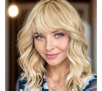 Pelucas mujer corta ondulada Rubio pelo natural con flequillo, YEESHEDO blonde short bob hair ondulado sintética para mujeres y niñas para cosplay wig 14 "
