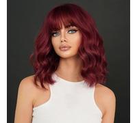 Pelucas mujer corta ondulada vino rojo pelo natural con flequillo, YEESHEDO short bob rojo oscuro hair ondulado sintética para mujeres y niñas para cosplay wig 14 "