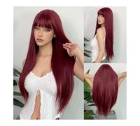 Pelucas Mujer Natural Heat-Resistant Full Head Covers Every Day Burgundy Synthetic Wig With Long Straight Air Bangs Cosplay Women Wear Uso Diario en Fiestas
