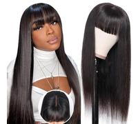Pelucas Mujer Pelo Natural Derecha Wig Con Flequillo, 2x1 Peluca Negra Lace Front Pelucas Cabello Natural Humano 180% Densidad, Glueless Human Hair Wig With Bangs 16 Pulgadas