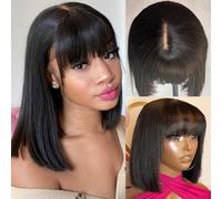 pelucas mujer pelo natural humano, pelucas Bob cortas y rectas con flequillo, glueless wig human hair brazilian virgin hair, wigs frontales de encaje 2X1 de 10 pulgadas