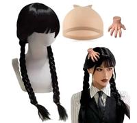 Pelucas negras para disfraz de Halloween, Miércoles Peluca para Halloween con pasador de pelo, Pelucas Largas Negras Dobles Trenzadas, Addams Peluca Trenzas Negra, para Cosplay, Carnaval, Halloween