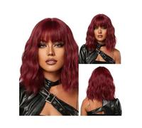 Pelucas onduladas cortas de 14 pulgadas con flequillo, peluca colorida sintética rizada hasta los hombros for mujeres uso diario(Red)