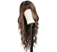 Pelucas onduladas largas de 66 cm, pelucas rizadas sintéticas resistentes al calor con flequillo para mujer, añade volumen (mezcla de marrón rubio)