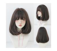 Pelucas onduladas Peluca Pelucas cortas naturales negras Pelucas rectas con flequillo Cabello sintético rosa marrón for mujeres Cosplay diario Peluca resistente al calor Pelucas de mujer(14inch 36cm-0