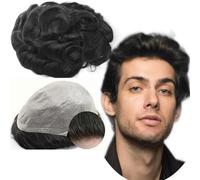 Pelucas para hombres Tupé de cabello humano Real europeo for hombres, 8x10 piezas onduladas, repuesto prótesis, sistema piel PU(Jet Black)