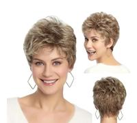 Pelucas para mujer Peluca de cabello sintético natural corto dorado en capas con flequillo esponjoso Afro resistente al calor diario - Marrón