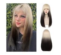 Pelucas para Mujer Peluca de pelo largo y recto con flequillo, peluca recta de color rubio degradado negro gris, peluca de cosplay de disfraz de fiesta sintética resistente al calor natural for mujer