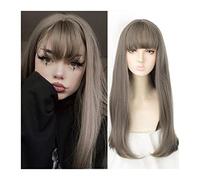 Pelucas para Mujer Peluca de pelo largo y recto sintético Lino gris Cosplay Pelucas diarias con flequillo de aire Peluca de fiesta resistente al calor de aspecto natural de 23 pulgadas para fiesta cos