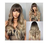 Pelucas para mujer Peluca Ombre Brown Golden Wave con flequillo, pelucas sintéticas de pelo largo y rizado for mujer, fibra resistente al calor Har falso for Fiesta diaria