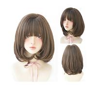 Pelucas para Mujer Peluca Pelucas cortas naturales negras Pelucas rectas con flequillo Cabello sintético rosa marrón for mujeres Cosplay diario Peluca resistente al calor para fiesta cosplay peluca(15