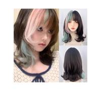 Pelucas para mujer Peluca sintética corta ondulada con flequillo, reflejos negros, rosados y verdes, for mujer, estilo cosplay Pelucas frontales de encaje