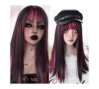 Pelucas para Mujer Peluca sintética de pelo largo y recto, peluca recta negra roja con flequillo Peluca sintética resistente al calor transpirable natural for cosplay de fiesta diaria para fiesta cosp