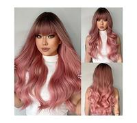 Pelucas para Mujer Pelucas de color rosa gris con flequillo, pelucas de 26 pulgadas de largo ondulado Ombre rosa con raíz oscura for mujeres, pelucas de pelo sintético resistente al calor for uso diar
