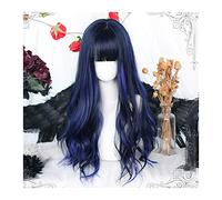 Pelucas para Mujer Pelucas negras y azules con flequillo limpio for mujer, peluca de pelo ondulado largo y rizado con flequillo, peluca de repuesto sintética Natural for Cosplay para fiesta cosplay pe