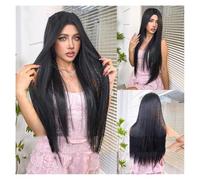 Pelucas Para Mujeres Estilo de deseo puro peluca de longitud media mujer cabello largo negro cabello largo y liso atmósfera sensación sin flequillo esponjoso que reduce la edad cubierta completa de la