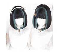 Pelucas Peluca Bob corta con flequillo, pelucas Bob rectas for mujer, pelo negro resaltado en verde, peluca sintética resistente al calor de aspecto natural for fiesta de cosplay Peluca
