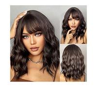 Pelucas Peluca Bob ondulado con flequillo for mujer, peluca ondulada natural de color marrón oscuro medio con peluca sintética hasta el hombro con flequillo for mujeres y niñas Peluca