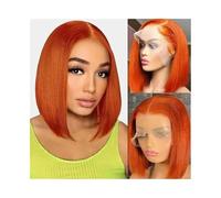 Pelucas Peluca corta con encaje frontal, color naranja jengibre, recta, con parte en T, transparente, cabello humano Peluca de mujer(16inches)