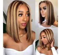 Pelucas Peluca corta de cabello humano liso con corte bob ombré de 13x4 pulgadas y encaje frontal rubio miel 4/27 Peluca de mujer(10inches)