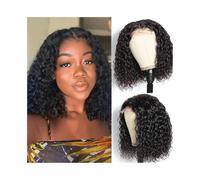 Pelucas Peluca corta rizada estilo bob, cabello humano brasileño, con raya lateral rizada y encaje frontal, densidad del 180%. Peluca de mujer(12inches)