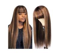 Pelucas Peluca de cabello humano con flequillo, reflejos ombré, cabello castaño liso for mujer, densidad 180% Peluca de mujer(28inches)