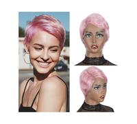 Pelucas Peluca de cabello humano liso con corte pixie, 13x6x1, transparente, con encaje frontal, corta. Peluca de mujer(Pink)