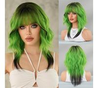 Pelucas Peluca de cola de lobo colorida for mujer: cabello sintético suave y rizado, resistente al calor. Peluca de cabello humano(Green)