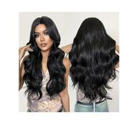 Pelucas Peluca de fibra sintética de alta temperatura, de seda, con flequillo, color rojo vino, raya al medio, cabello largo y rizado. Para la fiesta diaria(103F-black)