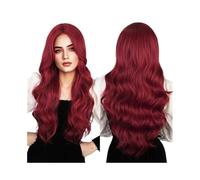 Pelucas Peluca de fibra sintética de alta temperatura, de seda, con flequillo, color rojo vino, raya al medio, cabello largo y rizado. Peluca de mujer(103F-wine red)