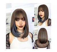 Pelucas Peluca de pelo Bob corto azul degradado marrón con flequillo, pelucas sintéticas for mujer, Cosplay de Lolita, pelo de fibra resistente al calor Natural diario Peluca