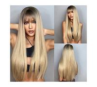 Pelucas Peluca de pelo rubio claro con raíz oscura, larga, lisa, sintética, con flequillo para mujeres blancas, fibra resistente al calor, pelucas rectas con línea de pelo natural peluca de pelo