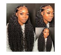 Pelucas Peluca delantera de encaje de onda profunda Pelucas de cabello humano brasileño for mujeres negras 10-36 "Onda de agua larga Cabello Remy Peluca delantera de encaje rizado Negro natural 150% d