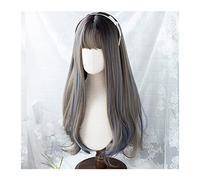 Pelucas Peluca larga y recta con flequillo for mujeres y niñas, peluca sintética azul mixta marrón for Cosplay de fiesta diaria, peluca resistente al calor Natural Peluca