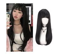 Pelucas Peluca larga y recta con flequillo y patillas, peluca sintética suave resistente al calor, peluca recta de aspecto natural con flequillo for uso diario en fiestas de cosplay Peluca de mujer (