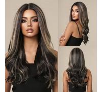 Pelucas Peluca Natural for fiesta de Cosplay del pelo for mujer, peluca con malla frontal sintética de color marrón oscuro largo ondulado resistente al calor con flequillo for uso diario Peluca de muj