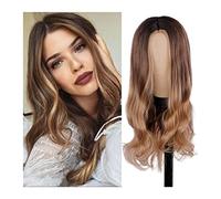 Pelucas Peluca ondulada larga de 28 pulgadas, pelucas rubias marrones degradadas con raíces oscuras for mujeres, peluca sintética de parte media con línea de cabello natural y esponjosa for uso diario