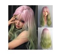 Pelucas Peluca sintética larga ondulada rosa ombré verde con raya en medio y esponjosa for mujer, peluca de cosplay Peluca de mujer