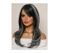 Pelucas Peluca sintética negra mezclada y marrón, peluca con flequillo for mujer, peluca de sección media larga y recta, cabello liso con raya central, uso diario for graduación Cabello Natural(Color: