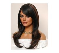 Pelucas Peluca sintética negra mezclada y marrón, peluca con flequillo for mujer, peluca de sección media larga y recta, cabello liso con raya central, uso diario for graduación Cabello Natural(Color: