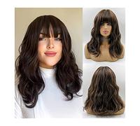 Pelucas Peluca sintética ondulada de color marrón oscuro con flequillo cercano y línea de cabello natural, pelucas Bob onduladas de longitud media for mujeres Cosplay diario Peluca de cabello suave re