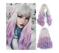 Pelucas Peluca sintética rizada ondulada larga con flequillo, peluca de cosplay de Lolita ondulada multicolor, peluca sintética resistente al calor azul púrpura degradado blanco plateado Peluca de muj