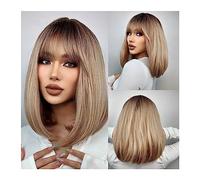 Pelucas Pelucas de Bob rectas cortas de 15,7 pulgadas con flequillo, cabello sintético Natural marrón dorado for mujeres, pelucas de fibra resistente al calor for Cosplay diario Peluca