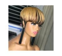 Pelucas Pelucas de cabello humano corto con corte Pixie y flequillo, negras y rubias, rectas, densidad del 150%. Peluca de mujer